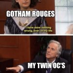 how the gotham rouges will be in my show | GOTHAM ROUGES; MY TWIN OC'S | image tagged in you did nothing wrong | made w/ Imgflip meme maker