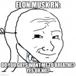 Elon musk is terrible | ELON MUSK RN:; DO YOU GUYS WANT ME TO BREATHE?
YES OR NO? | image tagged in crying wojak mask,memes,elon musk,dank memes | made w/ Imgflip meme maker