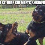 hospital kids | WHEN ST. JUDE KID MEETS SHRINERS KID | image tagged in dogs fighting | made w/ Imgflip meme maker