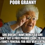 I can’t get free non pay full price promo code | POOR GRANNY; SHE DOESN’T HAVE HONEY SO SHE CAN’T GET A FREE PROMO CODE TO PAY FOR A FANCY FUNERAL FOR HER VERY EXTRA CAT | image tagged in old lady at computer finds the internet | made w/ Imgflip meme maker