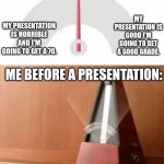 Help me I'm suffering. | MY PRESENTATION IS HORRIBLE AND I'M GOING TO GET A 70. MY PRESENTATION IS GOOD I'M GOING TO GET A GOOD GRADE. ME BEFORE A PRESENTATION: | image tagged in metronome,memes,presentation | made w/ Imgflip meme maker
