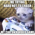 Sad cat Xbox | ME TRYING HARD NOT TO CRASH; MY CAR ON A VIDEO GAME | image tagged in sad cat xbox,video games | made w/ Imgflip meme maker