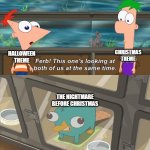 Technically, The Nightmare Before Christmas is both a Halloween movie and a Christmas movie. | CHRISTMAS THEME; HALLOWEEN THEME; THE NIGHTMARE BEFORE CHRISTMAS | image tagged in phineas and ferb,nightmare before christmas,halloween,christmas,movies | made w/ Imgflip meme maker