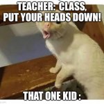 It's really annoying | TEACHER:  CLASS, PUT YOUR HEADS DOWN! THAT ONE KID : | image tagged in memes,coughing,annoying,coughing cat | made w/ Imgflip meme maker