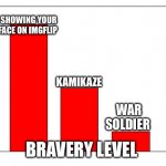 Idk how some people do it! | SHOWING YOUR FACE ON IMGFLIP; KAMIKAZE; WAR SOLDIER; BRAVERY LEVEL | image tagged in bar graph,memes,funny,relatable,bar charts,brave | made w/ Imgflip meme maker