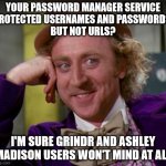The last straw for LastPass | YOUR PASSWORD MANAGER SERVICE
PROTECTED USERNAMES AND PASSWORDS 
BUT NOT URLS? I'M SURE GRINDR AND ASHLEY MADISON USERS WON'T MIND AT ALL | image tagged in condescending wonka | made w/ Imgflip meme maker