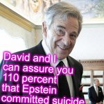 Hi I’m Paul Pelosi | David and I 
can assure you 
110 percent 
that Epstein 
committed suicide | image tagged in hi i m paul pelosi,jeffrey epstein | made w/ Imgflip meme maker