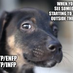 Good thinking | WHEN YOU SEE SOMEONE STARTING TO THINK OUTSIDE THE BOX; ENTP/ENFP
INTP/INFP | image tagged in peering puppy,myers briggs,mbti,open minded,thinking,personality | made w/ Imgflip meme maker