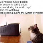 true story | Me: *Makes fun of people for suddenly caring about soccer during the world cup*
Also me watching bobsledding during the winter olympics: | image tagged in cat watching tv | made w/ Imgflip meme maker