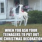Frisky Reindeer | WHEN YOU ASK YOUR TEENAGERS TO PUT OUT THE CHRISTMAS DECORATIONS | image tagged in frisky reindeer,christmas memes,christmas decorations,christmas,reindeer | made w/ Imgflip meme maker