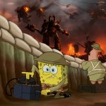Spongebob in the trenches during a war meme