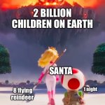 Badass Peach | 2 BILLION CHILDREN ON EARTH; SANTA; 1 night; 8 flying reindeer | image tagged in badass peach | made w/ Imgflip meme maker