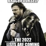 ned stark | BRACE YOURSELF; THE 2022 LISTS ARE COMING | image tagged in ned stark | made w/ Imgflip meme maker