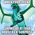Dragon from Wings of Fire | WHEN YOUR FRIEND; SHOWS UP AT YOUR HOUSE AS A 'SURPRISE' | image tagged in dragon from wings of fire | made w/ Imgflip meme maker