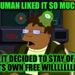 When you log into Imgflip for just a few minutes | HUMAN LIKED IT SO MUCH; IT DECIDED TO STAY OF ITS OWN FREE WILLLLLLLLL | image tagged in futurama brain slug | made w/ Imgflip meme maker