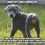 ENTP Secrets | WHEN ENTP FINALLY WORKS OUT... THAT THEY CAN WALK AWAY FROM AN ARGUMENT
BECAUSE THEY CAN SEPARATE THEIR FE FROM THEIR TI. FINALLY REALISING THAT THEY NEED TO STOP CARING IF WHAT YOU BELIEVE HURTS YOU. | image tagged in puppy looking back,entp,mbti,myers briggs,personality,argument | made w/ Imgflip meme maker