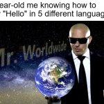 Big brain | 7-year-old me knowing how to say "Hello" in 5 different languages | image tagged in mr worldwide,childhood,big brain,language,hello | made w/ Imgflip meme maker