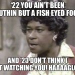 Aunt Esther | ‘22 YOU AIN’T BEEN NUTHIN BUT A FISH EYED FOOL; AND ‘23 DON’T THINK I AIN’T WATCHING YOU! HAAAAGLORY! | image tagged in aunt esther,happy new year,2022,2023 | made w/ Imgflip meme maker