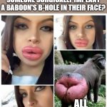 Lipasaurous lips | WHY IN THE WORLD WOULD SOMEONE SURGICALLY IMPLANT A BABOON'S B-HOLE IN THEIR FACE? ALL-NATURAL? | image tagged in same doctor,lips,asshole,funny memes,hollywood liberals,actress | made w/ Imgflip meme maker