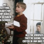 Home alone decorating tree | ME GETTING READY FOR MY KIDS TO GO BACK TO SCHOOL; ALL THE VIRUSES THEY’RE GOING TO CATCH IN JAN AND FEB | image tagged in home alone decorating tree | made w/ Imgflip meme maker