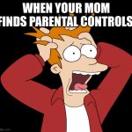 my mom | WHEN YOUR MOM FINDS PARENTAL CONTROLS | image tagged in futurama fry screaming | made w/ Imgflip meme maker