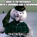 Daily Bad Dad Joke 01/03/2023 | WHAT IS THE DIFFERENCE BETWEEN A SNOWMAN AND A SNOWWOMAN? SNOWBALLS. | image tagged in rudolph snowman | made w/ Imgflip meme maker