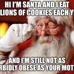santa | HI I'M SANTA AND I EAT MILLIONS OF COOKIES EACH YEAR; AND I'M STILL NOT AS MORBIDLY OBESE AS YOUR MOTHER | image tagged in santa | made w/ Imgflip meme maker