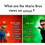 mario vs luigi says | school; i think school is a waste of time but people do need to be smart; school is like the soviet union | image tagged in mario vs luigi | made w/ Imgflip meme maker