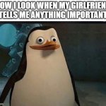 penguin face | HOW I LOOK WHEN MY GIRLFRIEND TELLS ME ANYTHING IMPORTANT | image tagged in madagascar penguin,penguins of madagascar,penguin,silly,funny | made w/ Imgflip meme maker
