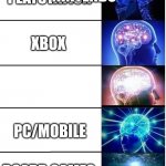 Board games are W | PLAYSTATION XBOX NINTENDO PC/MOBILE BOARD GAMES | image tagged in expanding brain 5 panel | made w/ Imgflip meme maker
