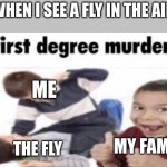 murder | WHEN I SEE A FLY IN THE AIR; ME; THE FLY; MY FAMILY | image tagged in murder | made w/ Imgflip meme maker