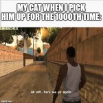 More CAT MEMES | MY CAT WHEN I PICK HIM UP FOR THE 10OOTH TIME: | image tagged in ah shit here we go agian,cats,memes | made w/ Imgflip meme maker