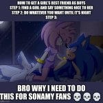 Caught them in 4K | HOW TO GET A GIRL'S BEST FRIEND AS BOYS
STEP 1: FIND A GIRL AND SAY SOMETHING NICE TO HER
STEP 2: DO WHATEVER YOU WANT UNTIL IT'S NIGHT
STEP 3:; BRO WHY I NEED TO DO THIS FOR SONAMY FANS 💀💀💀 | image tagged in sonamy | made w/ Imgflip meme maker