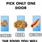 Pick only one food to eat for all eternity... cookies, pizza, or hotdogs | PIZZA; HOTDOGS; COOKIES; THE FOOD YOU WILL EAT FOR ALL ETERNITY | image tagged in pick one door gameshow,choose one,pizza,food quiz | made w/ Imgflip meme maker