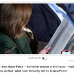 Nancy Pelosi reads article about Kevin McCarthy