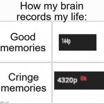 i'm not wrong though | How my brain records my life:; Good memories; Cringe memories | image tagged in 4 boxes,relatable,cringe | made w/ Imgflip meme maker