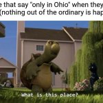 What is this place | People that say "only in Ohio" when they move to Ohio (nothing out of the ordinary is happening) | image tagged in what is this place,memes,funny | made w/ Imgflip meme maker