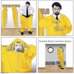 Title | Youtube Shorts comment section | image tagged in man putting on hazmat suit,memes | made w/ Imgflip meme maker