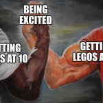 their GOATED | BEING EXCITED; GETTING LEGOS AT 20; GETTING LEGOS AT 10 | image tagged in predator handshake | made w/ Imgflip meme maker