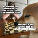 Guess who died..! (Also i never threw rocks at people) | ME WONDERING HOW DID THE BLIND KID CATCH THE ROCK I THREW AT HIM AND THROW IT BACK:; THE BLIND KID WHO IS SECRETLY AN IRL WARDEN FROM MINECRAFT: | image tagged in chess doge,blind kid,minecraft warden,throwing rocks | made w/ Imgflip meme maker