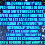 Now That's What A Really B A D Snow Storm Looks Like | THE DONNER PARTY WAS TRAPPED FROM THE MIDDLE OF NOVEMBER 1846 UNTIL FEBRUARY 1847.  AFTER ALMOST FOUR MONTHS OF HAVING TO EAT EACH OTHER, ONLY 48 OF THE ORIGINAL 87 SURVIVED THE ORDEAL; HISTORICALLY SPEAKING, IT'S NOT A BAD SNOW STORM UNTIL YOU HAVE TO RESORT TO CANNIBALISM
WE KNOW NOTHING OF BAD SNOW STORMS; WE KNOW NOTHING OF BAD SNOW STORMS | image tagged in falling snow,snow storm,snow storm large,blizzard,cannibalism,we know nothing | made w/ Imgflip meme maker