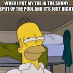 Homer satisfied | WHEN I PUT MY TOE IN THE SUNNY SPOT OF THE POOL AND IT'S JUST RIGHT | image tagged in homer satisfied,satisfying | made w/ Imgflip meme maker