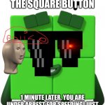 four | JUST PRESS THE SQUARE BUTTON; 1 MINUTE LATER. YOU ARE UNDER ARREST FOR SPEEDING! JUST PRESS THE SQUARE BUTTON AGAIN!!!!!!! | image tagged in four | made w/ Imgflip meme maker