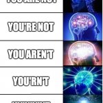 Expanding Brain 5 Panel | YOU ARE NOT YOU'RE NOT YOU AREN'T YOU'RN'T YN'N'N'NT | image tagged in expanding brain 5 panel | made w/ Imgflip meme maker