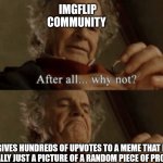 Why is this a thing? | IMGFLIP COMMUNITY; *GIVES HUNDREDS OF UPVOTES TO A MEME THAT IS LITERALLY JUST A PICTURE OF A RANDOM PIECE OF PRODUCE* | image tagged in after all why not,memes,funny,why,i don't get it,bee movie | made w/ Imgflip meme maker
