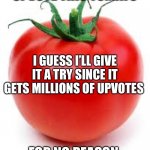 Why am I doing this | UPVOTE THIS TOMATO; I GUESS I’LL GIVE IT A TRY SINCE IT GETS MILLIONS OF UPVOTES; FOR NO REASON | image tagged in tomato | made w/ Imgflip meme maker