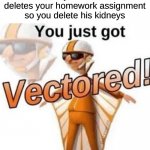 YOU JUST GOT VECTORED LOL | When your brother deletes your homework assignment so you delete his kidneys | image tagged in you just got vectored,memes,funny,oh wow are you actually reading these tags,stop reading the tags,school | made w/ Imgflip meme maker