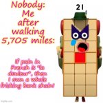 Seriously. This is how any sane person would feel walking from New York to LA and back. | Nobody:
Me after walking 5,705 miles: | image tagged in pain bank,pain | made w/ Imgflip meme maker