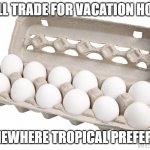 Don't Try to Low-Ball Me - I Know What I've Got... | WILL TRADE FOR VACATION HOME; SOMEWHERE TROPICAL PREFERRED | image tagged in dozen eggs,inflation,expensive,prices | made w/ Imgflip meme maker