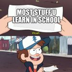 its true | MOST STUFF U LEARN IN SCHOOL | image tagged in diper holds something useless | made w/ Imgflip meme maker